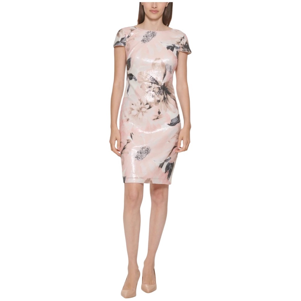 Calvin Klein Pink Sequin Floral Low Cowl Back Bodycon Dress Size 2